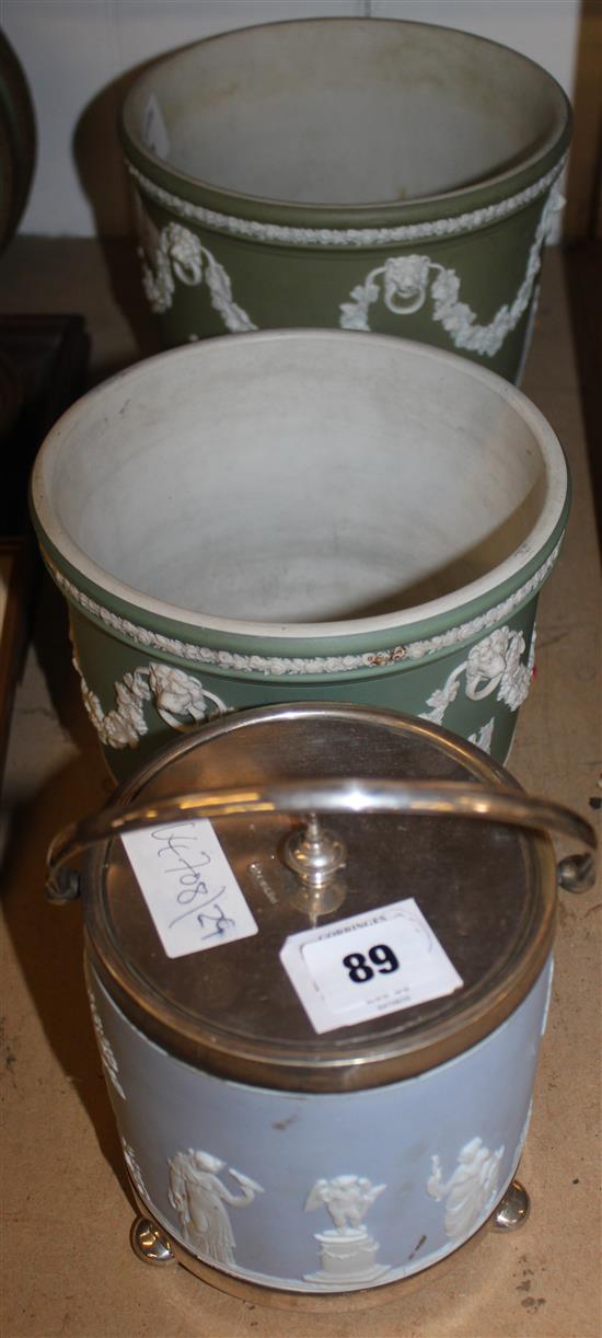 2 Wedgwood planters and a similar biscuit barrel(-)